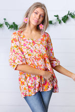 Load image into Gallery viewer, Orange Square Neck Peplum Floral Challis Top