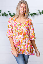 Load image into Gallery viewer, Orange Square Neck Peplum Floral Challis Top