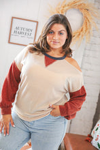 Load image into Gallery viewer, Oatmeal Two Tone Sweater Knit Cold Shoulder Top