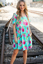 Load image into Gallery viewer, Aqua Floral Fit & Flare Babydoll Pocketed Dress