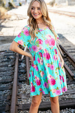 Load image into Gallery viewer, Aqua Floral Fit & Flare Babydoll Pocketed Dress