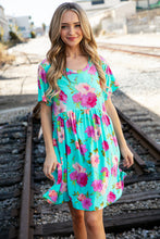 Load image into Gallery viewer, Aqua Floral Fit & Flare Babydoll Pocketed Dress