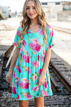 Load image into Gallery viewer, Aqua Floral Fit & Flare Babydoll Pocketed Dress
