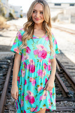 Load image into Gallery viewer, Aqua Floral Fit & Flare Babydoll Pocketed Dress