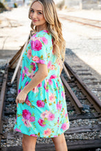 Load image into Gallery viewer, Aqua Floral Fit & Flare Babydoll Pocketed Dress