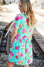 Load image into Gallery viewer, Aqua Floral Fit & Flare Babydoll Pocketed Dress