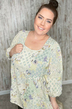 Load image into Gallery viewer, Mint Patchwork Print Crinkle Woven Babydoll Top