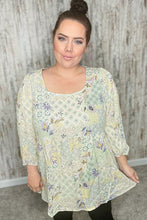 Load image into Gallery viewer, Mint Patchwork Print Crinkle Woven Babydoll Top