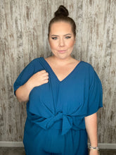 Load image into Gallery viewer, Sapphire Crepe Knot Elastic Waist Dolman Romper