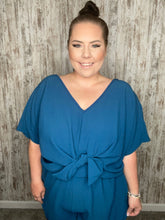 Load image into Gallery viewer, Sapphire Crepe Knot Elastic Waist Dolman Romper