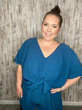 Load image into Gallery viewer, Sapphire Crepe Knot Elastic Waist Dolman Romper
