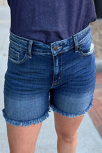 Load image into Gallery viewer, Medium Blue Raw Hem Zipper Denim Shorts