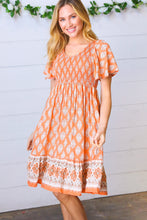 Load image into Gallery viewer, Apricot Paisley Fit and Flare Smocked Midi Dress