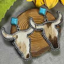 Load image into Gallery viewer, Southwestern Brown Cowhide & Stone Bling Dangle Earrings