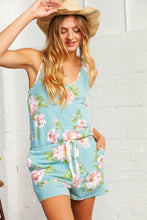 Load image into Gallery viewer, Teal Floral Print Waist Drawstring Romper with Pockets