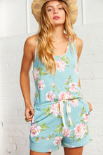 Load image into Gallery viewer, Teal Floral Print Waist Drawstring Romper with Pockets