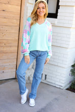 Load image into Gallery viewer, Always Fun Mint Patchwork Print Dolman V Neck Top
