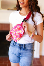 Load image into Gallery viewer, Hot Pink Smiley Face &amp; Flowers Crossbody Belt Sling Bag
