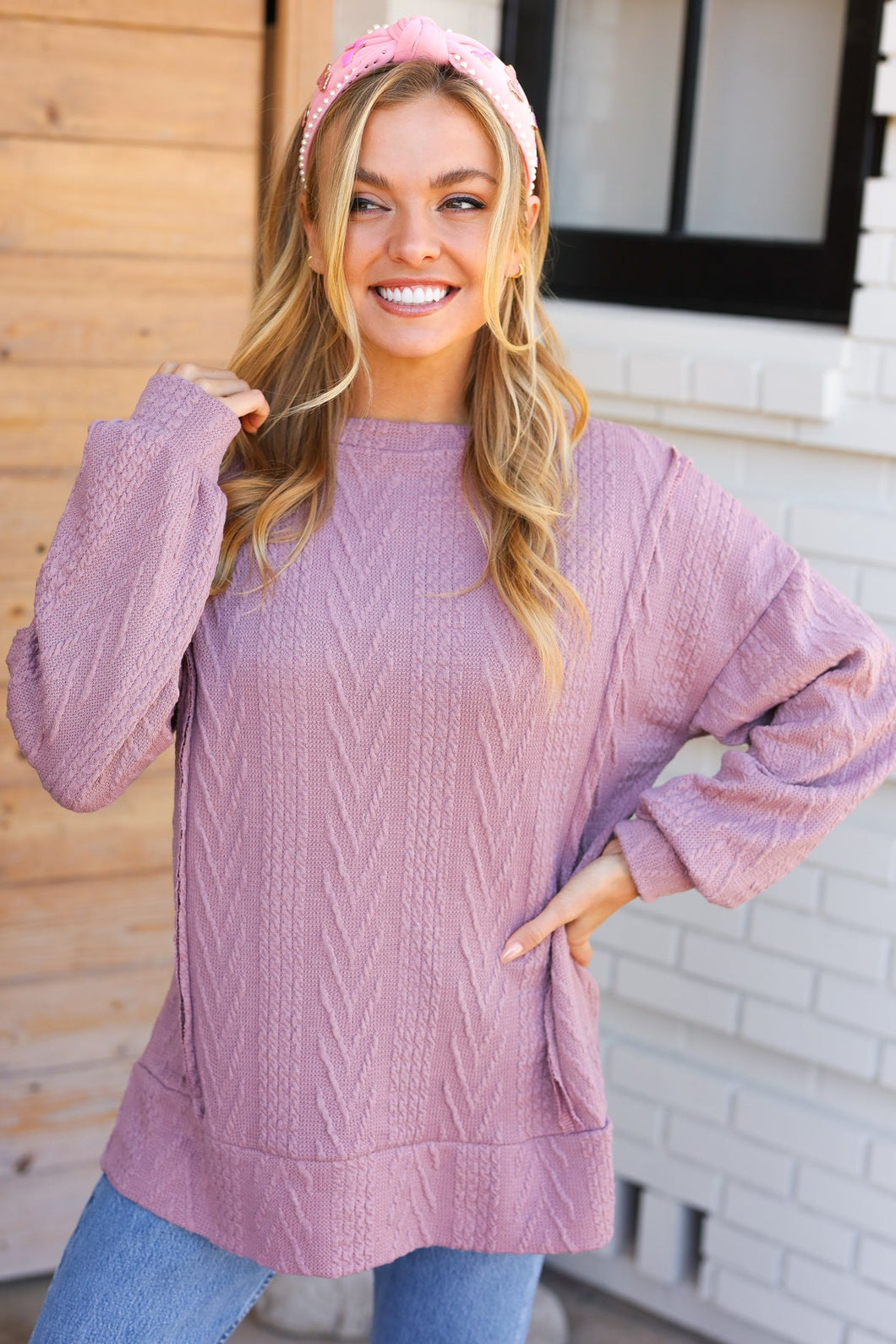 Back To Basics Mauve Jacquard Cable Pullover Top