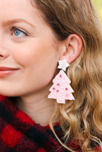 Load image into Gallery viewer, Pink Beaded &amp; Jeweled Christmas Tree Dangle Earrings
