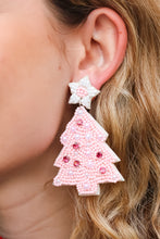 Load image into Gallery viewer, Pink Beaded &amp; Jeweled Christmas Tree Dangle Earrings
