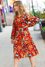 Load image into Gallery viewer, Date Night Ready Burgundy Rust/Jade Floral Print Midi Dress
