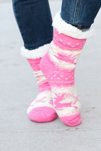 Load image into Gallery viewer, Hot Pink Reindeer Sherpa Traction Bottom Slipper Socks
