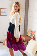 Load image into Gallery viewer, Oatmeal Navy V Neck Woven Pocketed Swing Dress
