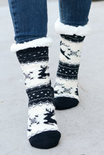 Load image into Gallery viewer, Black Reindeer Sherpa Traction Bottom Slipper Socks
