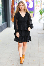 Load image into Gallery viewer, Holiday Vixen Black Chiffon Swiss Dot V Neck Tiered Ruffle Dress
