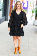 Load image into Gallery viewer, Holiday Vixen Black Chiffon Swiss Dot V Neck Tiered Ruffle Dress
