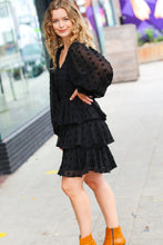 Load image into Gallery viewer, Holiday Vixen Black Chiffon Swiss Dot V Neck Tiered Ruffle Dress
