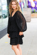 Load image into Gallery viewer, Holiday Vixen Black Chiffon Swiss Dot V Neck Tiered Ruffle Dress
