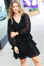 Load image into Gallery viewer, Holiday Vixen Black Chiffon Swiss Dot V Neck Tiered Ruffle Dress
