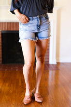 Load image into Gallery viewer, Medium Blue Raw Frayed Hem Mid Rise Shorts
