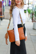 Load image into Gallery viewer, Camel Designer Strap Quilted Crossbody Faux Leather Bag
