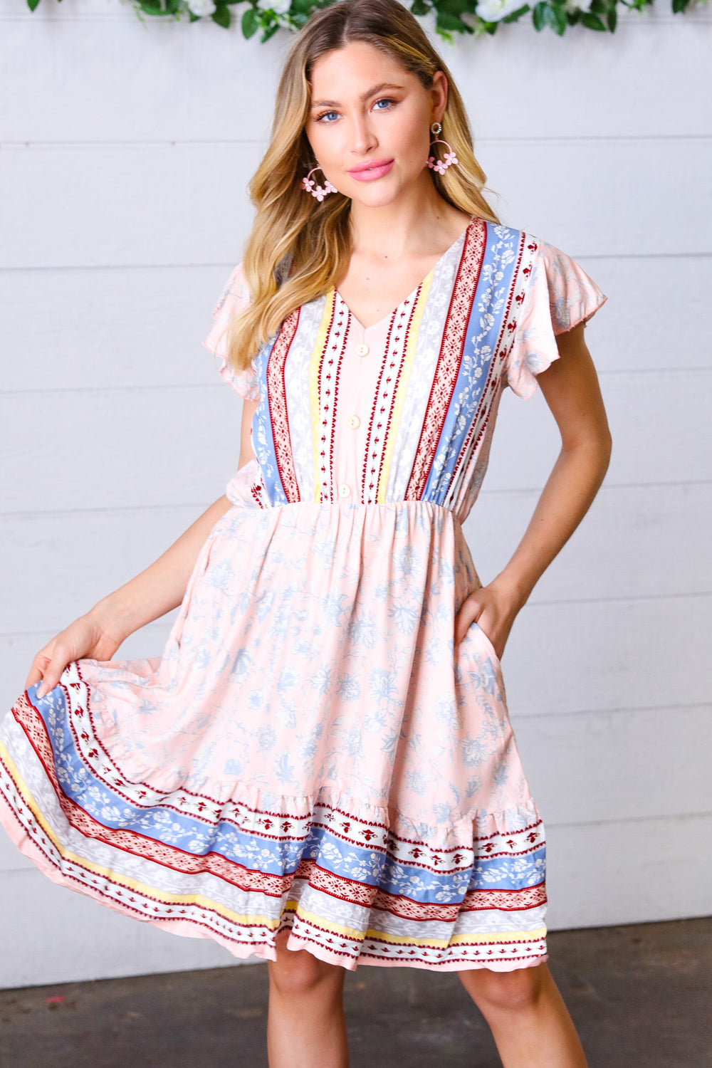 Peach Boho Floral Button Detail V Neck Ruffle Dress