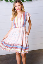 Load image into Gallery viewer, Peach Boho Floral Button Detail V Neck Ruffle Dress
