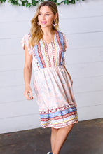 Load image into Gallery viewer, Peach Boho Floral Button Detail V Neck Ruffle Dress
