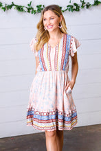 Load image into Gallery viewer, Peach Boho Floral Button Detail V Neck Ruffle Dress
