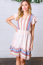 Load image into Gallery viewer, Peach Boho Floral Button Detail V Neck Ruffle Dress
