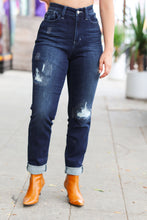 Load image into Gallery viewer, Judy Blue Dark Blue Mid Rise Stitch Detail Boyfriend Fit Cuffed Jeans
