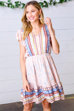 Load image into Gallery viewer, Peach Boho Floral Button Detail V Neck Ruffle Dress
