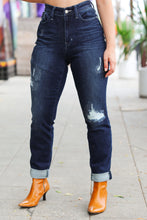 Load image into Gallery viewer, Judy Blue Dark Blue Mid Rise Stitch Detail Boyfriend Fit Cuffed Jeans
