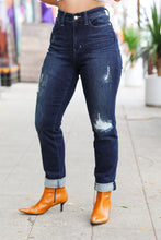 Load image into Gallery viewer, Judy Blue Dark Blue Mid Rise Stitch Detail Boyfriend Fit Cuffed Jeans
