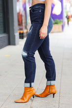 Load image into Gallery viewer, Judy Blue Dark Blue Mid Rise Stitch Detail Boyfriend Fit Cuffed Jeans
