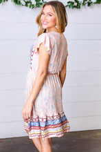 Load image into Gallery viewer, Peach Boho Floral Button Detail V Neck Ruffle Dress
