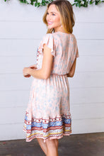 Load image into Gallery viewer, Peach Boho Floral Button Detail V Neck Ruffle Dress
