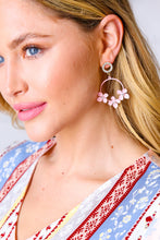Load image into Gallery viewer, Pink Metal Flower Rhinestone Hoop Earrings

