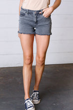 Load image into Gallery viewer, Ash Black Denim Button Enclosure Frayed Hem Shorts
